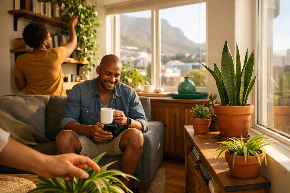 A small Johannesburg apartment with a snake plant on a sideboard and a pothos trailing from a bookshelf, soft afternoon light through the window