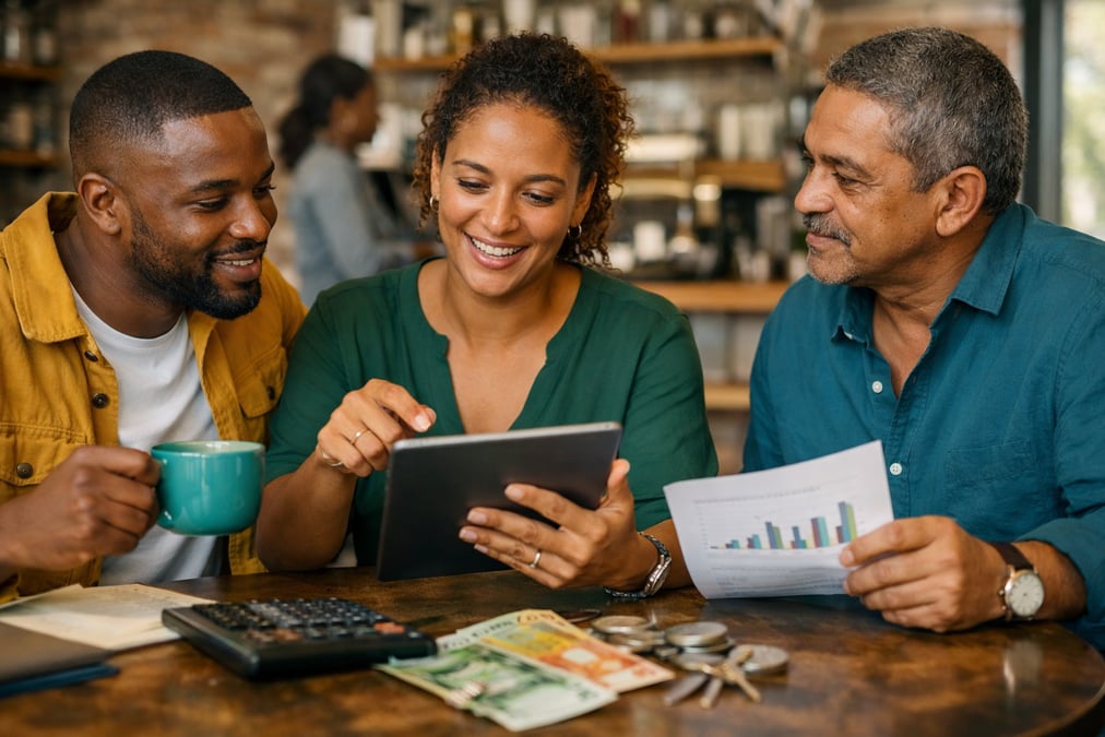 Professional photo representing South African economic analysis with charts and notes.