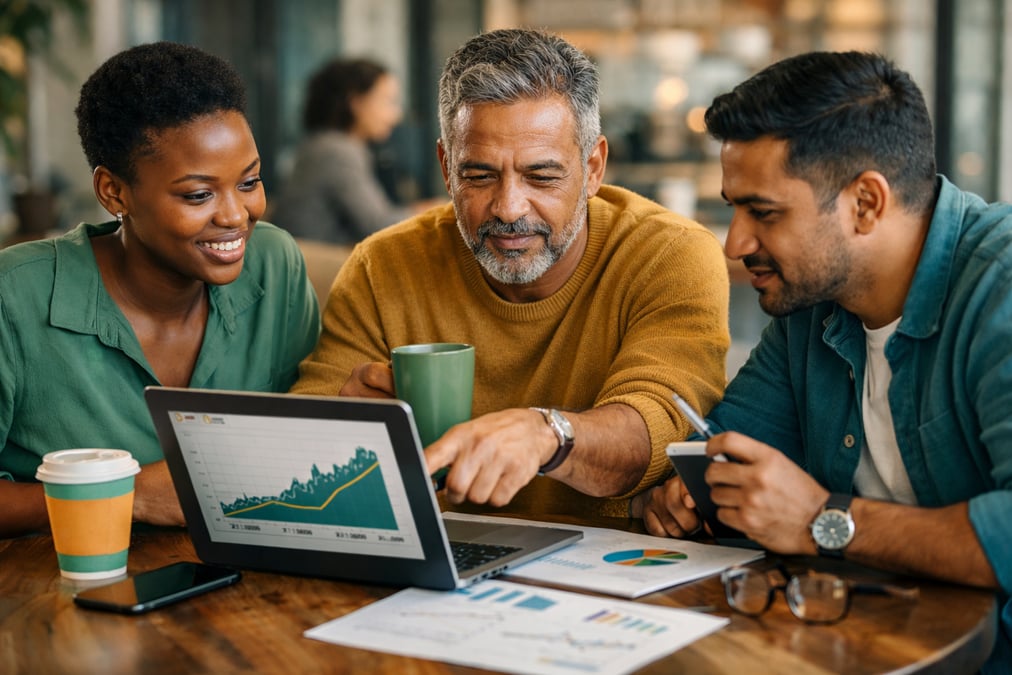 Professional photo of a South African investor reviewing market charts on a laptop.