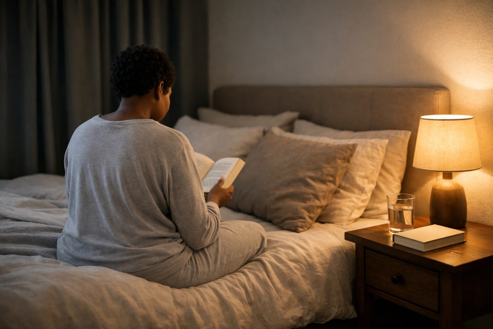 A neatly made bed in a South African bedroom with linen bedding, blackout curtains slightly drawn, and a small bedside lamp casting warm light