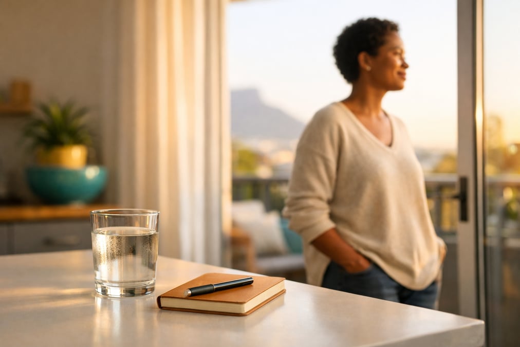 Soft morning light coming through a window in a South African home, a glass of water and an open notebook on a wooden table